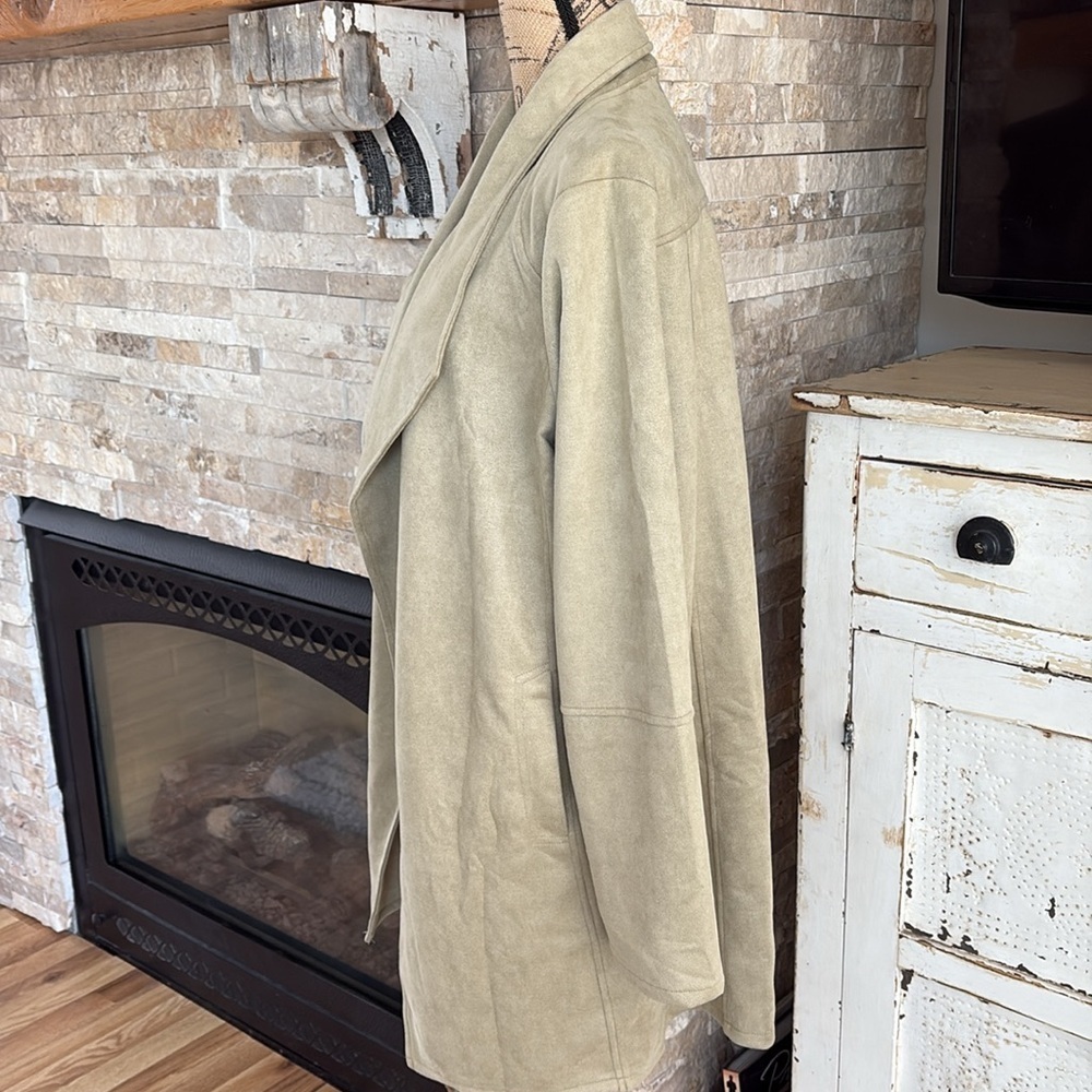 hem & thread tan long line open front light faux suede jacket with side pockets - Picture 7 of 16